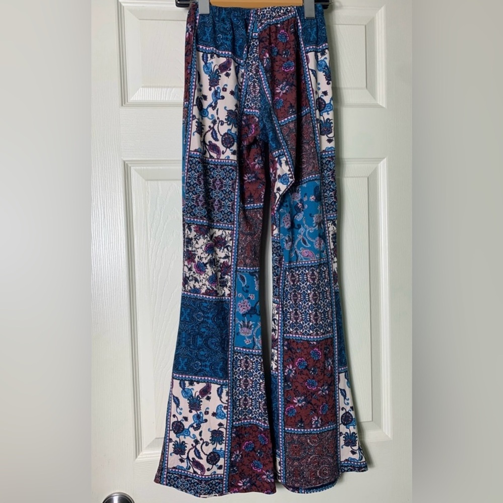 Mauve Boho Patchwork Flared Hippie Bellbottom Pants S